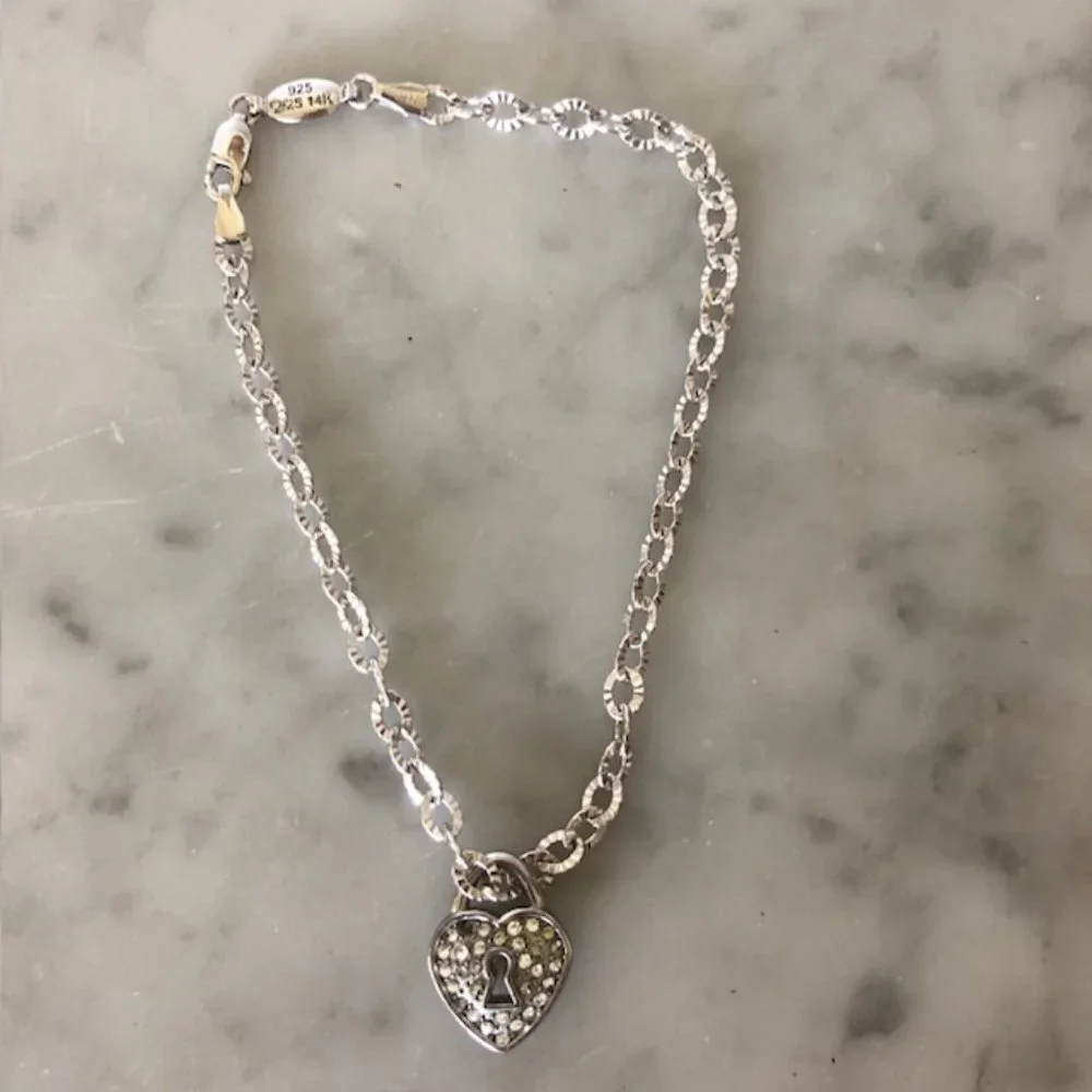 PIERCING PAGODA Italian Silver Bracelet Heart Keyhole Rhinestone Charm